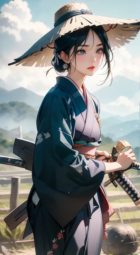 samurai girl, 1 girl, beautiful detailed eyes, beautiful detailed lips, extremely detailed face and eyes, long eyelashes, samurai armor, ((two japanese swords)), rural rice field road, rolling hills, cloudy sky, detailed environment, dramatic lighting, cin...