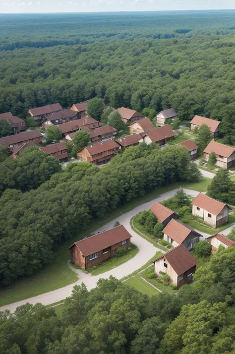 An image of a drawing with some wooden houses in the middle of a forest with the perspective seen from above