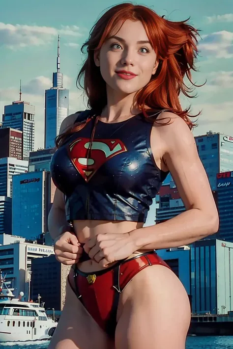 red-haired supergirl posing in front of a city skyline, perfect body, highly detailed giantess shot, sfw large breasts, giantess art, smug smile