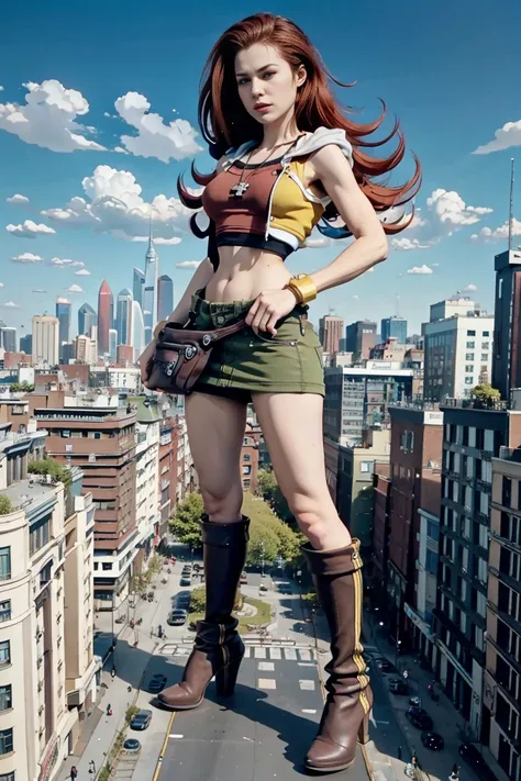 giantess art, tall and athletic girl, highly detailed giantess shot, der riese, long red hair, super huge, mini length skirt, ve...