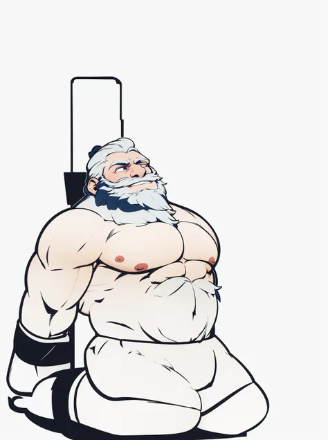 Solo, torso of white bearded shirtless topless old muscular man, his hands chained, gigachad muscular, longand fluffy beard, :: high detail, muscular!, super buff and cool, muscular! white, commission for high res, muscular!!, very buff, white eye brows, s...