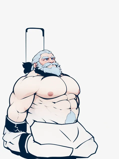 Solo, torso of white bearded shirtless topless old muscular man, his hands chained, gigachad muscular, longand fluffy beard, :: high detail, muscular!, super buff and cool, muscular! white, commission for high res, muscular!!, very buff, white eye brows, s...