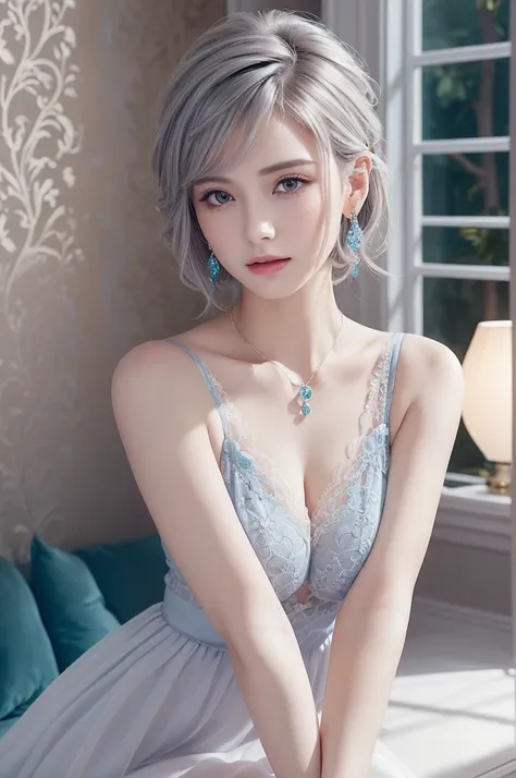 blue lace thong&Good, (((Very elegant and beautiful, Perfect detail, Super detailed))), whole body, The most detailed girl, Depth of written boundary, 美しく詳細なwhole body, Thin legs, 1 girl, 30 years old, Very short hair, Spiked Hair, Gray and silver hair, Be...