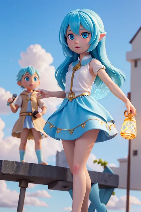 a human girl with blond hair and light blue eyes is holding a speech, she has the speaking pose, and next to her there is a fairy with blue hair and transparent wings, they are walking on the clouds