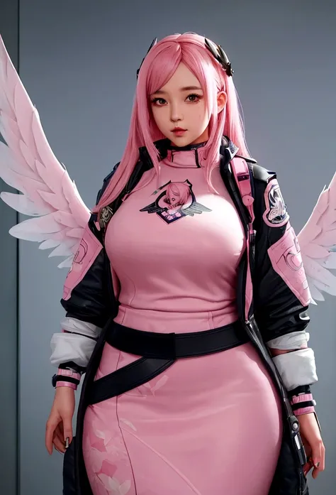 Girl with pink hair, cute outfit, medium bust, 160 cm tall, a bit chubby, wings, Overwatch team member, overly detailed face. Intricate detail, 8k masterpiece, lifelike, cinematic lighting, vivid colors, high detail, sharp focus, digital art.