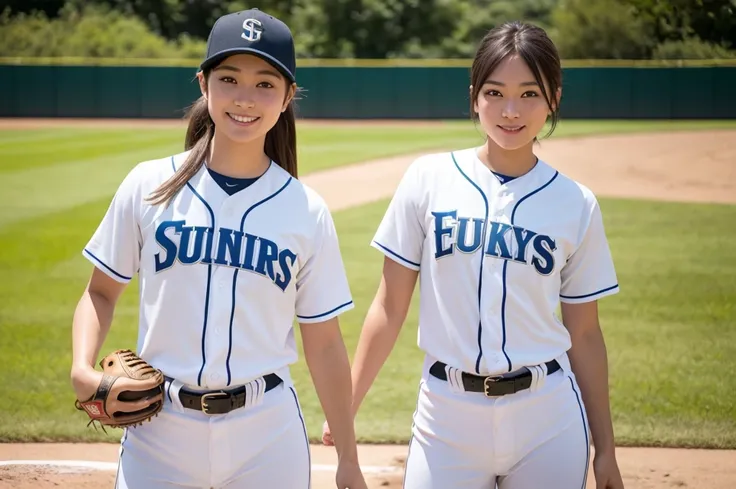 Baseball Cosplay,  court, Baseball uniforms, smile, One girl, Cowboy Shot, Detailed uniform, View the viewer, (Sigma 85mm f1.4), Depth of written boundary, Bokeh,  detailed photographrealistic background, Diffused natural light, Diffused, natural skin glow...