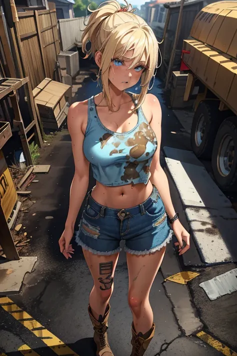 blue eyes, blonde hair, Makeup (Messy), (extremely detailed CG unity 4k wallpaper),(masterpiece),(best quality),(ultra-detailed),(best illustration),(best shadow),(absurdres),(detailed background), Trailer park trash, Short blonde hair (very Messy), Cropto...