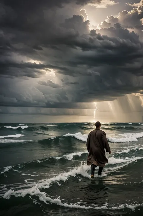 Peter walking on water going to Jesus in the middle of the storm 