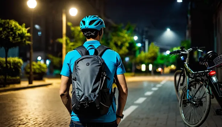 delivery man, backpack on his back, next to his bike, backpack on his back, street, dark night