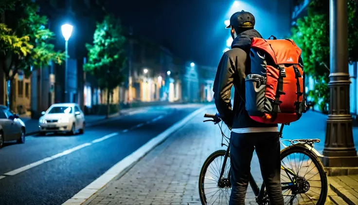 delivery man, backpack on his back, next to his bike, backpack on his back, street, dark night