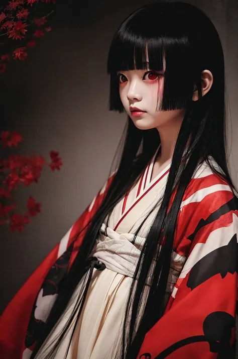 Highest quality、Masterpiece、Highest detail、Japanese Yokai、A lone hell girl floating in the darkness、Bob-haired beautiful girl、Vermilion eyeliner、A simple thin kimono with a red ruffled chest、Glare、Feeling fear、Dense foggy black background、Multiple exposure...