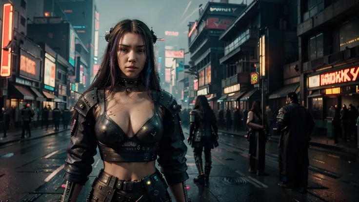 ((Best quality)), ((masterpiece)), (highly detailed:1.3), 3D, beautiful (cyberpunk:1.3) street samurai woman with thick shapeless hair, pistols worn on hips, cinematic lighting, depth of field, night scene, without facemask.