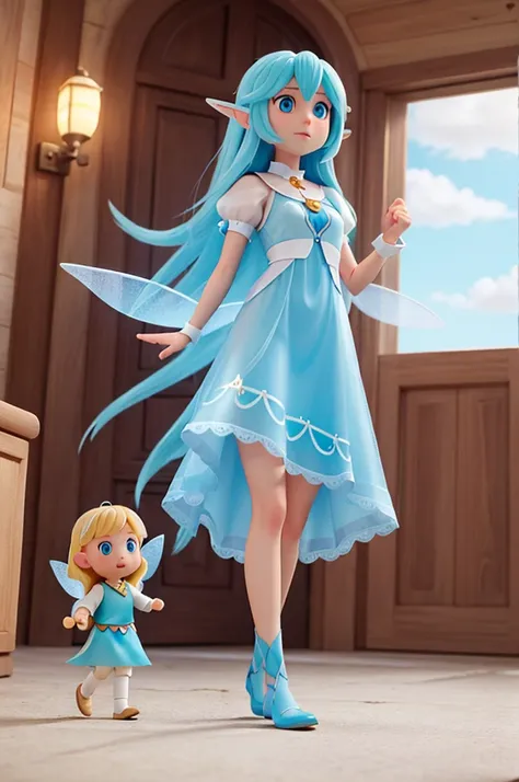 a human girl with long blonde hair and light blue eyes is holding a speech, she has the speaking pose, and next to her there is a fairy with blue hair and transparent wings, they are walking on the clouds