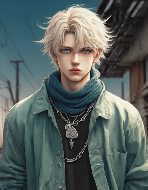 High dynamic range HDR photography of Anime style. Setting: post-apocalyptic settlement: A stunningly ethereal and delicate 18-year-old male is depicted in a full-body shot. His short wavy blond hair cascades around him, framing his exquisite features. Str...