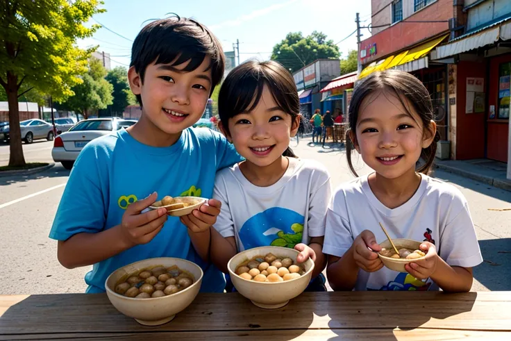 Two kids enjoying a plate of Fish Ball, Happy and carefree, Bright and colorful, Joyful atmosphere, blue sky, Soft, golden lighting, Realistic with a touch of fantasy, Highly detailed and sharp focus