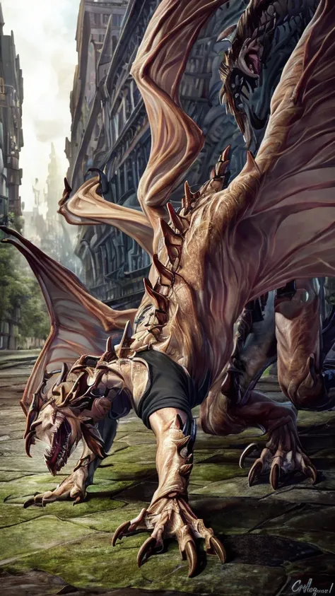 a beautiful girl with long brown hair, emma watson, ewt woman, transforming into a dragon, bone dragon, all fours, city street, ...