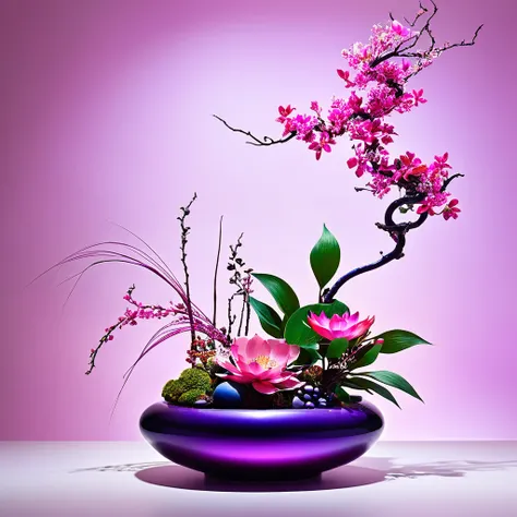 beautiful pink purple ikebana, Japanese art of flower arrangement, super colorful, super cinematic, surreal