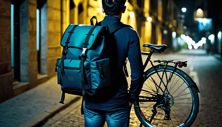 delivery man, backpack on his back, next to his bike, backpack on his back, dark street, dark night