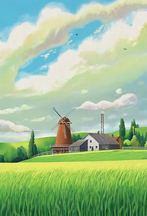 A GREEN FIELD with blue sky, and clouds, bright sunny, a mill in the background, just two pine trees in the background