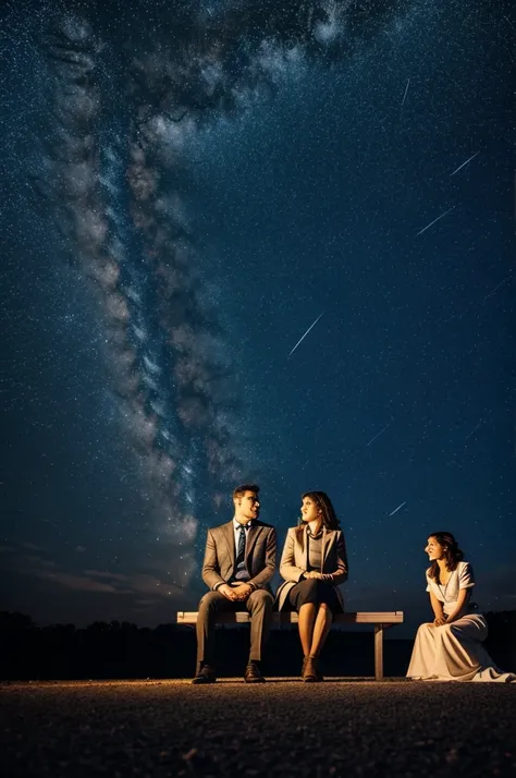 Create a comic-style image of two people, a man and a woman, who are sitting in a square watching the stars. 