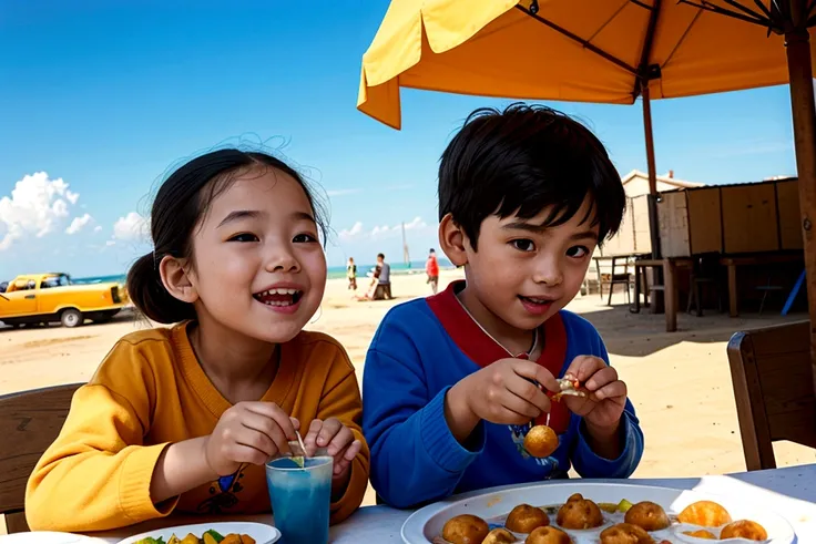 Two kids enjoying a plate of Fish Ball, Happy and carefree, Bright and colorful, Joyful atmosphere, blue sky, Soft, golden lighting, Realistic with a touch of fantasy, Highly detailed and sharp focus