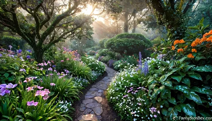 Imagine a breathtaking garden at dawn, where the air is fresh and filled with the scent of thousands of unique and exotic flowers. In this magical garden, each flower is larger than life, with petals that shimmer in iridescent colors not normally found in ...