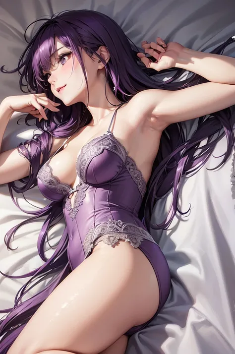 (Best Quality,High resolution,8K,finelity detailed background,Masterpiece:1.2),beautiful girl,Shiny purple hair,messy hair,Purple Eyes,Gentle look,A refreshing look,Best quality,Best Quality,Aesthetic and aesthetic:1.2,Best details((Super detailed))(High-d...