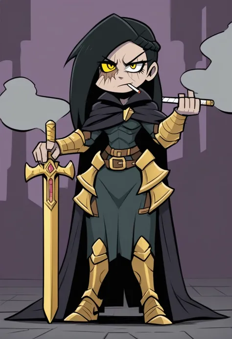 {{full body, realistic}} {{Artist: vanripper)}} 1woman, mature woman, french braid, long hair, muscular, tall, black hair, golden eyes, looking tired, scar over left eye, armored, black cloak, cape, black cape, looking down at viewer, smoking, dagger at hi...