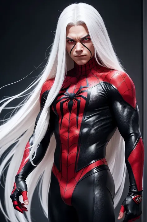 Make a guy with long white hair and red eyes Spider-Man style, his costume is black and red with the Flamengo symbol 