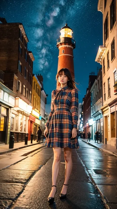 Woman in colorful plaid dress standing on stone street in the middle of a city with Victorian style lighthouses on a night full of stars