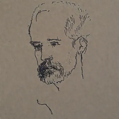 black and white drawing of a a man with beard on a white paper