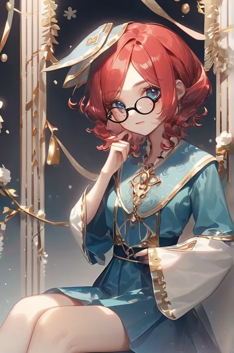 ((Лучшее качество)), ((шедевр)), (подробный), a red-haired girl with small freckles, blue eyes, and rounded glasses