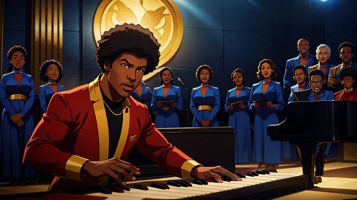 1970s tv show, African-American male r&b star named "Luther Diamond" playing piano while surrounded by a singing choir, cinematic action, masterpiece, super detail, textured skin, atmospheric perspective, 