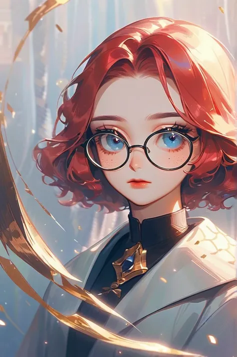 ((Лучшее качество)), ((шедевр)), (подробный), a real, lively, red-haired girl with small freckles, blue eyes, rounded glasses