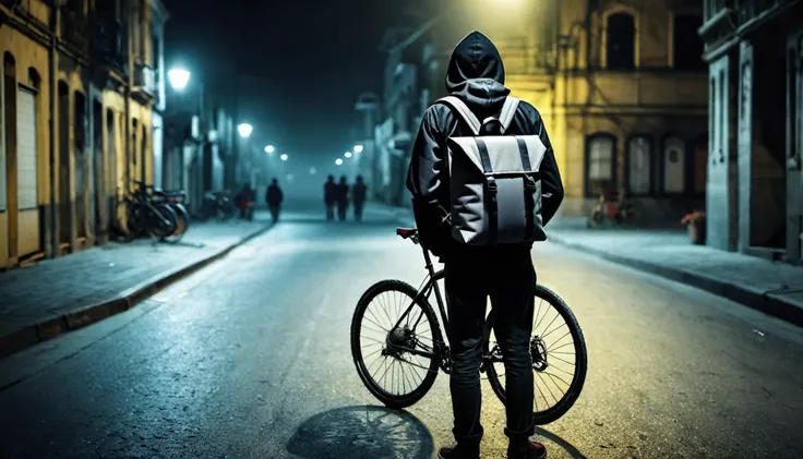 delivery man, square backpack on his back, next to the bicycle, sinister street, dark, macabre night