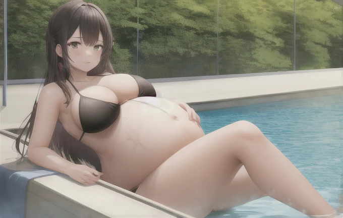 A girl, in black and pink bikini, in the large private pool, feature of big belly of hyperpregnant woman moving (アニメ)