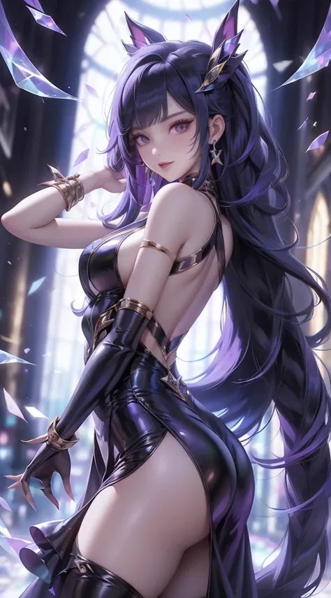 1girl, dress, long_hair, solo, high_heels, purple_hair, breasts, purple_eyes, looking_at_viewer, raiden_shogun, black_dress, jewelry, sideboob, holding, hair_ornament, earrings, black_footwear, sparkle, backless_dress, bangs, from_side, backless_outfit, ve...