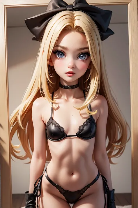 hyperrealistic 14 year old american teen, blonde, perfect tiny body, sexy, dark makeup, perfect slim face, big red lips, very cute face, tiny body, big eyes, young looking, childish looking, mirror selfie, phone on her hand