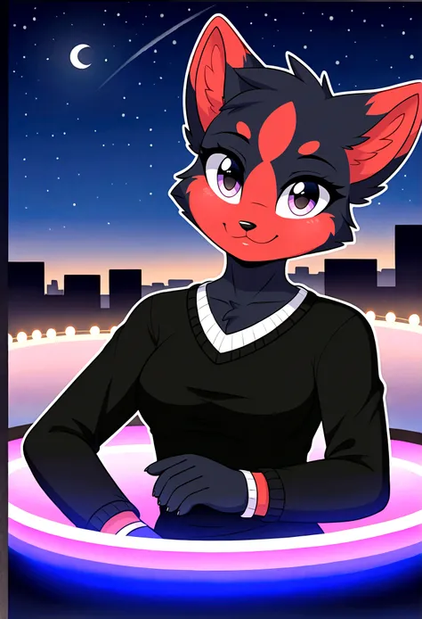 (masterpiece), beautiful, highly detailed, 8k uhd, intricate details, best quality, HD, 1girl, furry, fluffy, anthro, black face fur with red spots, (cute, adorable face:1.3), {black fur|red fur}, two tone fur, dual tone fur, black sweater, night, blurry n...