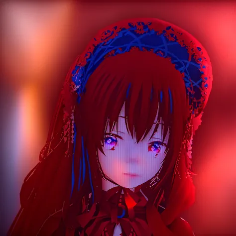 Anime girl with blue hair and red eyes in a red dress, Tohsaka Rin, change, Reimu Hakurei, East character, , from East, Anime-style 3D, Created by Anime Painter Studio, No lines, East, inspired by Takehisa Yumeji, Anime Moe Art Style