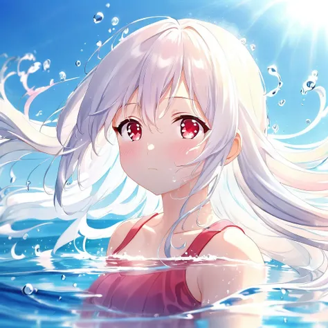 Anime-style female character in water, (long white hair:), (gentle expression:1.1), red eyes, pink tank top, (rippling water effect around body:1.3), sunlight reflecting on water, clear sky, subtle water splashes, high-resolution digital art, soft color pa...