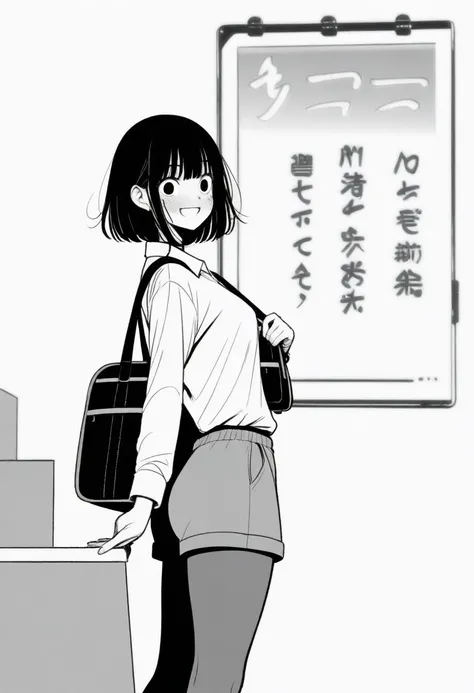 masterpiece, best quality, 1girl, mamerakkkkko, grayscale, style: manga, japanese, chi no wadachi, black eyes, street, iced, black hair, schoolbag, smile, lineart, white background, white shirt, grey shorts,
