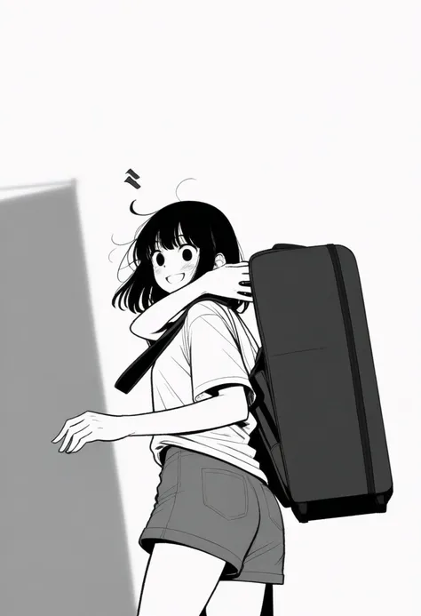 masterpiece, best quality, 1girl, mamerakkkkko, grayscale, style: manga, japanese, chi no wadachi, black eyes, street, iced, black hair, schoolbag, smile, lineart, white background, white shirt, grey shorts,
