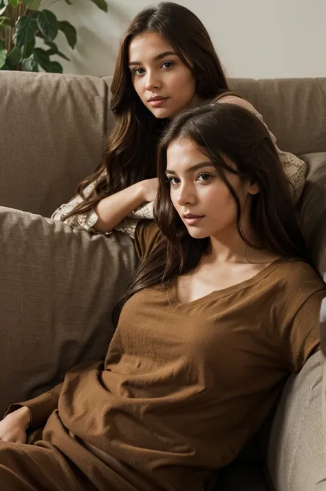 young woman, dressed, brown, in a sofa
