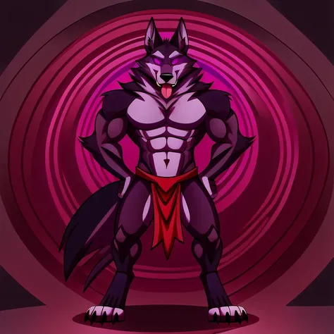 (masterpiece, best quality:1.2), Vortex group of hellhounds, wolves, furry, helluva boss, hypnotized with glowing purple eyes, tongue out, wearing loincloth, formed in rows,  full body image