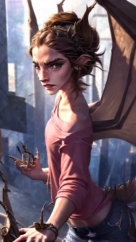 a beautiful girl with long brown hair, emma watson, sultry look, large breasts, ewt woman, transforming into a dragon, city street, t-shirt, jeans, clothes ripping, photo-realistic, intricate details, dramatic lighting, dark fantasy, cinematic, highly deta...