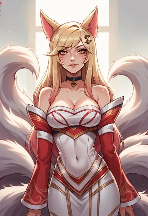 K/GIVES_ahri, 1 girl, ahri (League of Legends), breastsout, animal ears, hair blonde, standing alone, fox ears, K/GIVES (League of Legends), long hair, neckleace, cauGIVES, whisker marks, gazing at viewer, facial mark, choker, large breastsout, bared shoul...