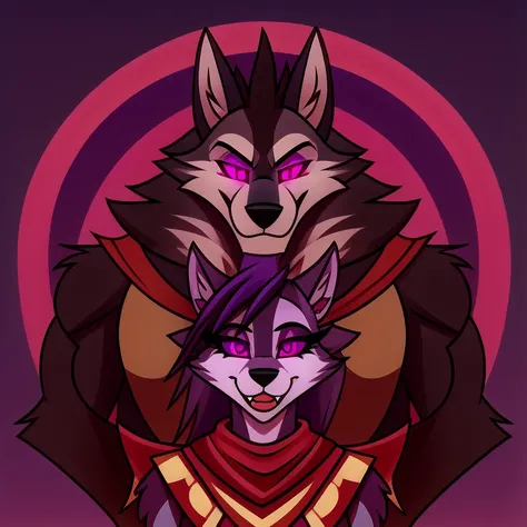 (masterpiece, best quality:1.2), army of Vortex female and male hellhounds couple, wolf, furry, helluva boss, yellow_tabard, tribal clothes, hypnotized with completely spyral glowing purple eyes with no irises or pupils, bowed before their master