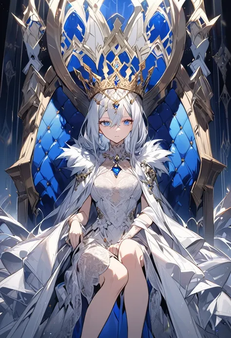 A queen wearing a lace dress with her crown, she is sitting on her throne, she is 35 looking down upon who ever is below her, her hair is white and her eyes are blue 