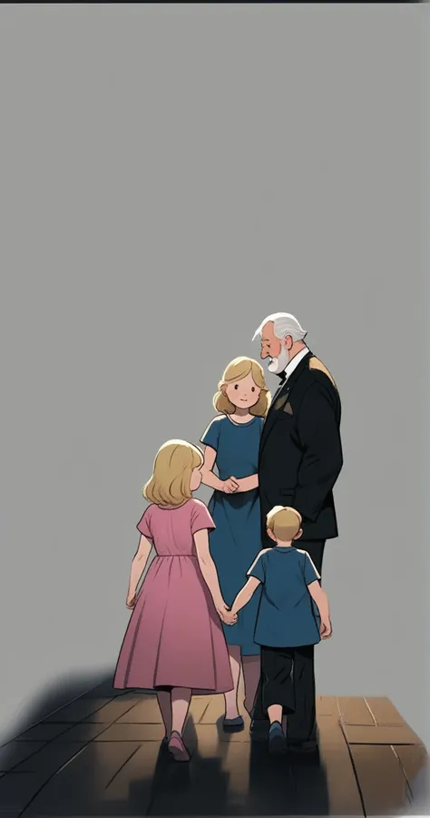 children's picture books, crayon paintings, blush, old fat man in suite and his blond wife black dress, and a 5 years old boy we...